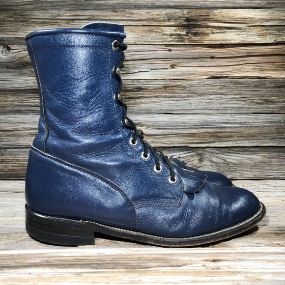 VINTAGE Justin Boot L0527 Western Kiltie Roper Blue Leather Boots Women US 7.5 N - Picture 6 of 10